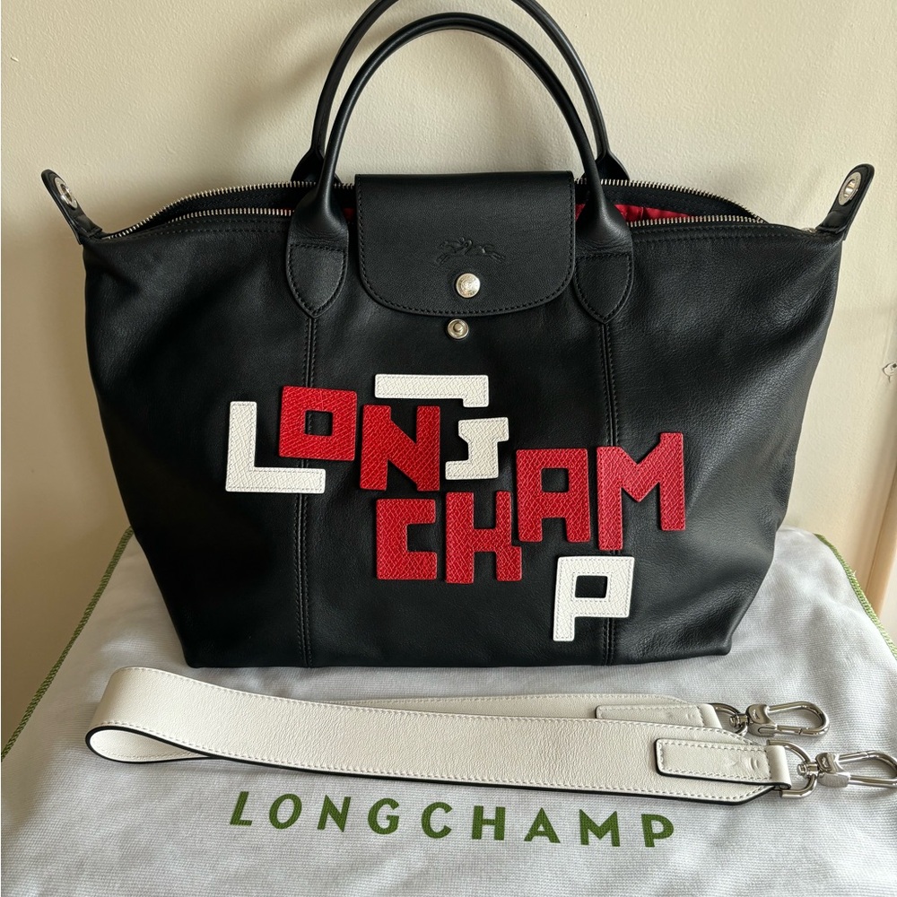 longchamp le pliage cuir lambskin mudium top handle bag